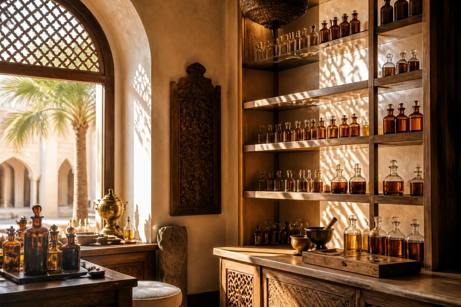 Parfymeatelier i Dubai med varme amberglass i sollyset